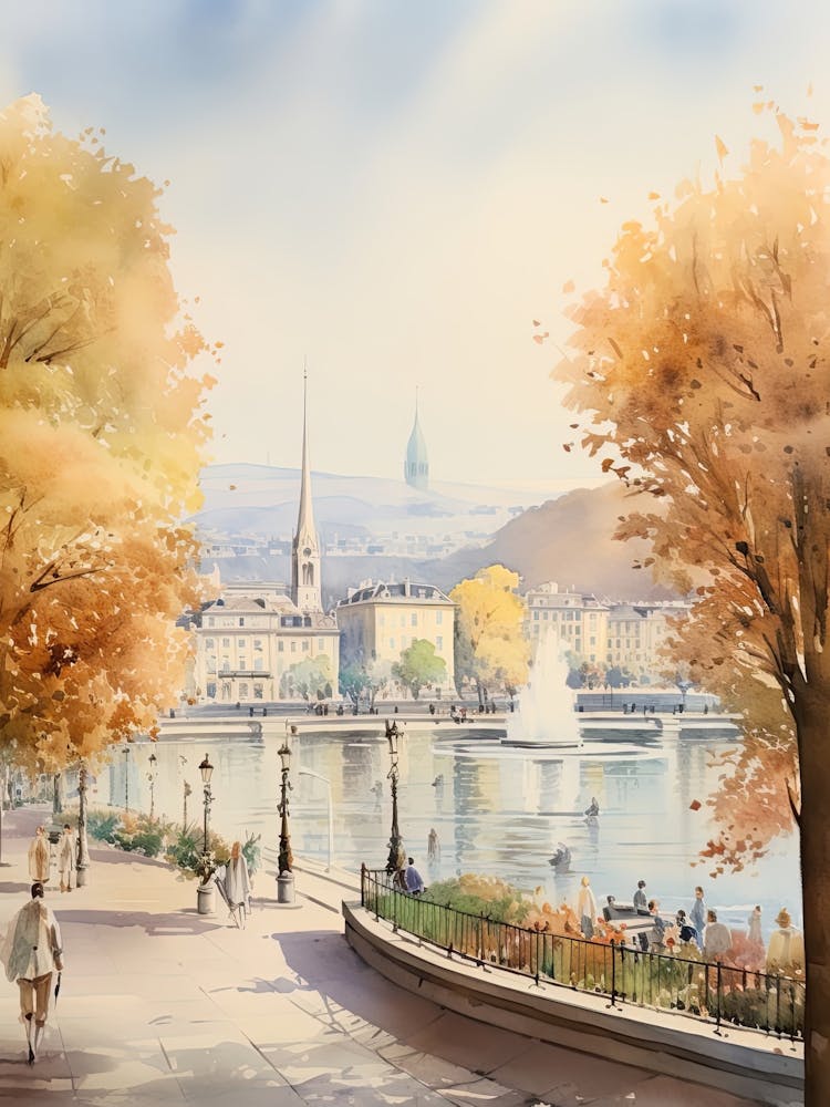 Geneva Switzerland In Autumn Fall, Watercolour 1
