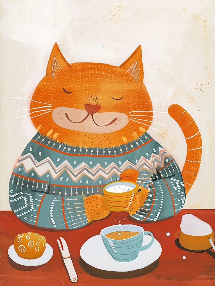 Happy Orange Cat Having Breakfast Folk Illustration 4