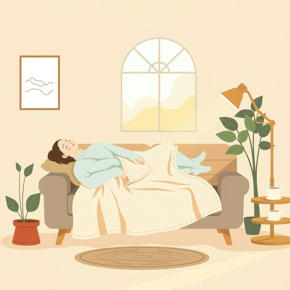 Frau auf dem Sofa liegend - gemütliches Wohnzimmer - hellbeige Decke - Entspannung - bequeme Form 1