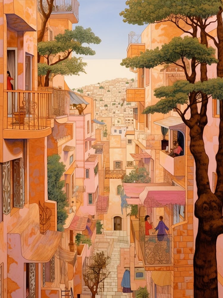 Haifa Israel 2 Vintage Pink Travel Illustration