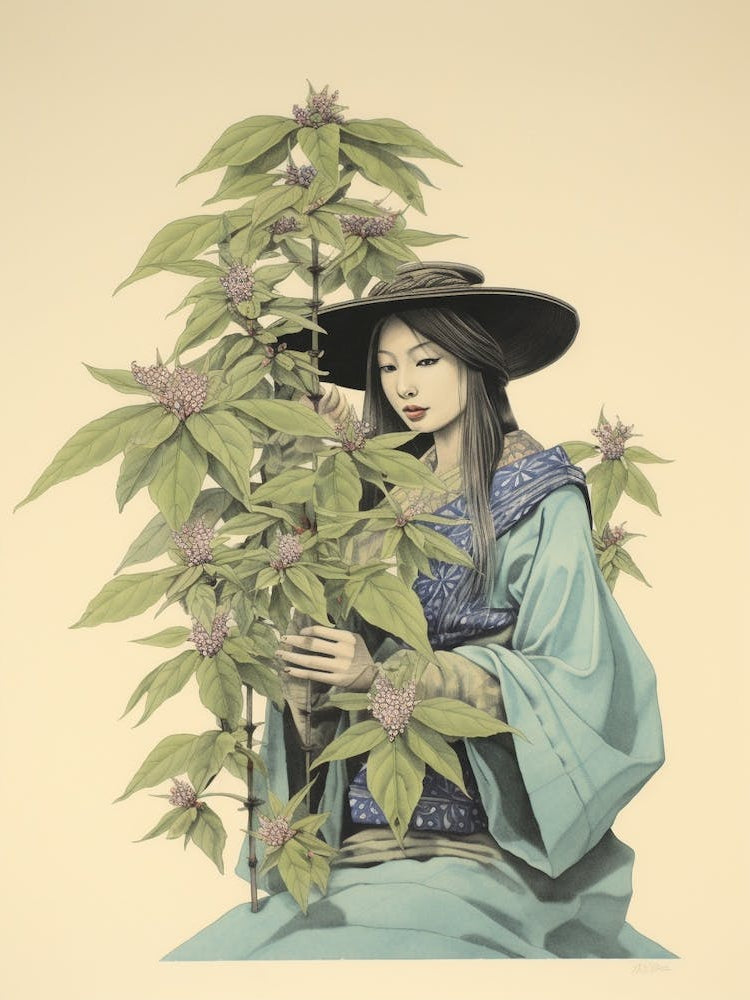 Kanadehon Woodland Sage Vintage Japanese Botanical And Geisha