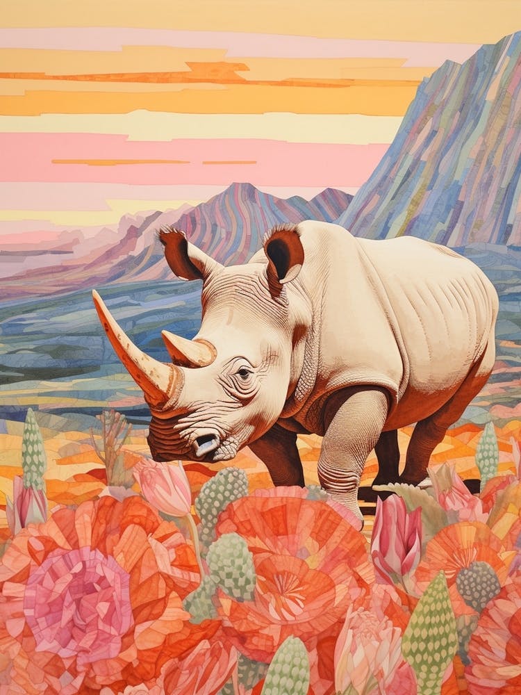 Rhino At Sunrise Collage Style 3