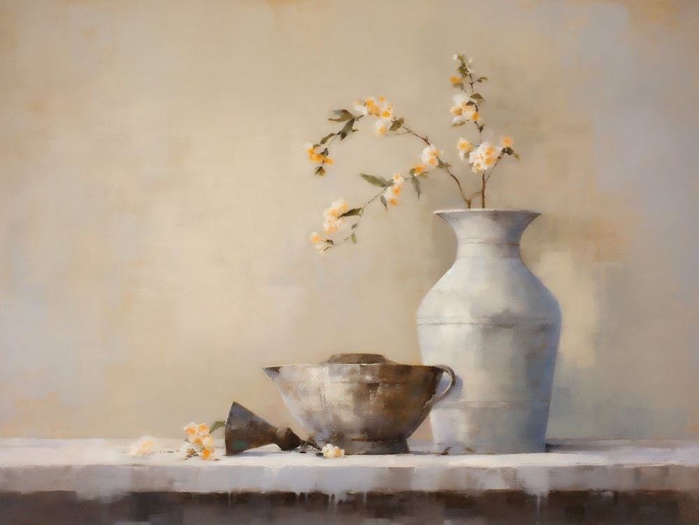 Flowers Still Life Oil Painting, Vintage Kitchen Still Life Painting, Neutral Flowers Print, Farmhouse Wall Decor, Antique Dining Print
