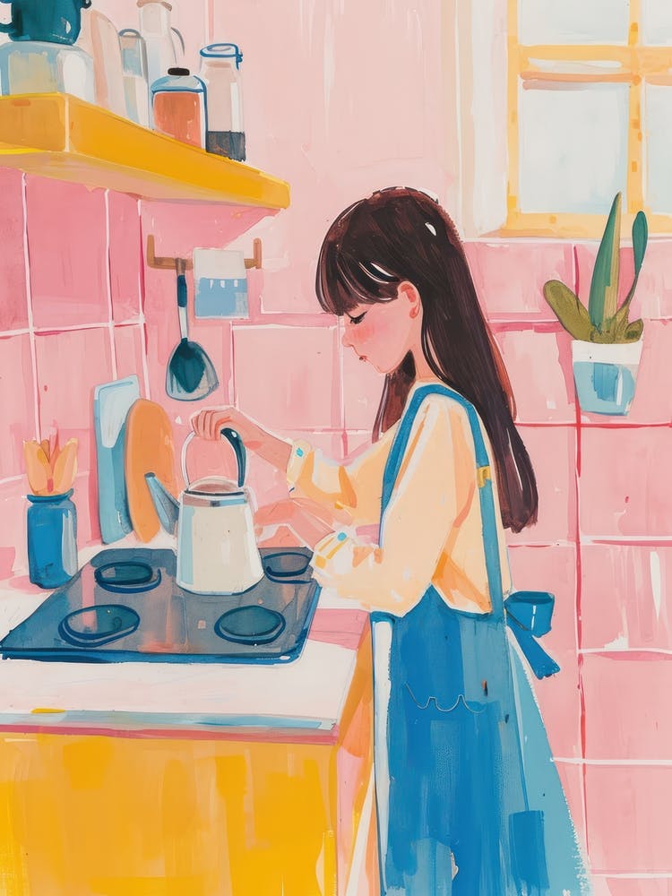 Girl Putting The Kettle On Lo Fi Kawaii Illustration 3