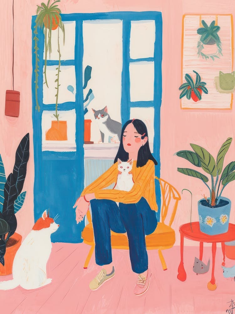 Girl Cat Lover Lo Fi Kawaii Illustration 1