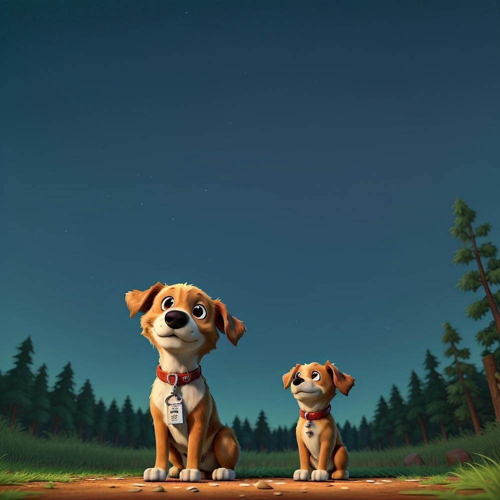 3D Animationsstil Ein verlorener Hund im Wald blickt zum Himmel 0