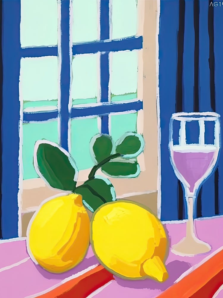 Painting Of A Lemons And Wine, Frenchch Riviera View, Checkered Cloth, Matisse Style 0