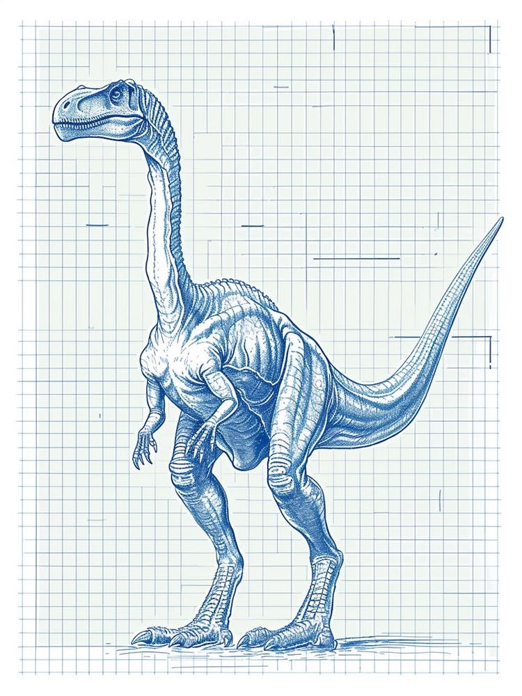 Gallimimus Dinosaur Blue Print Sketch 2