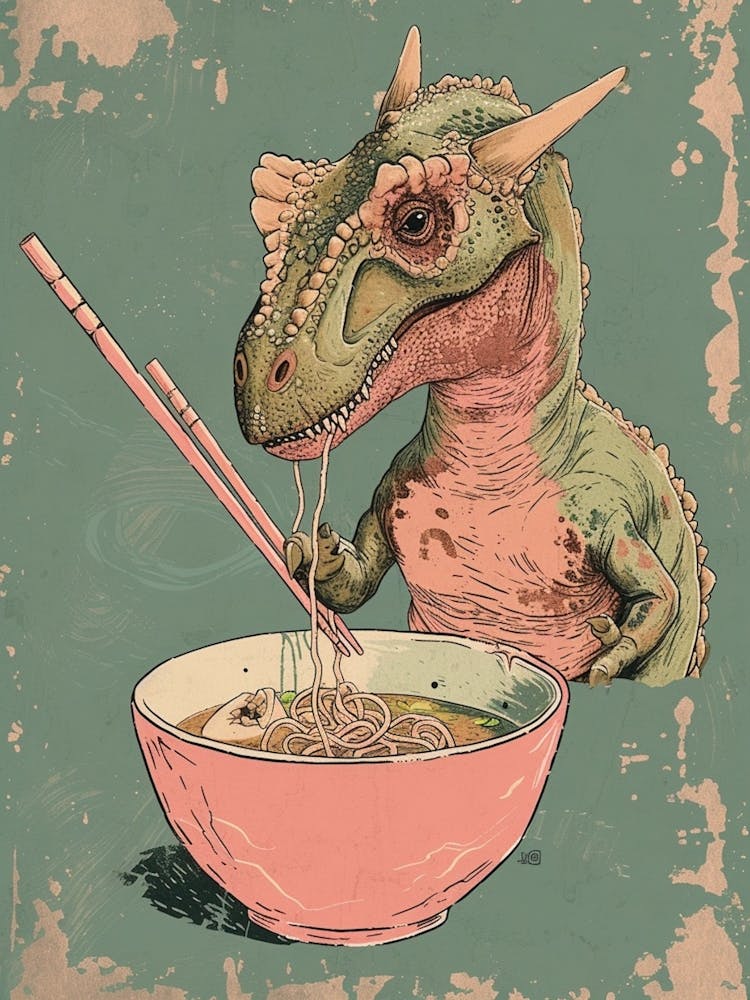 Pastel Pink Dinosaur Eating Ramen