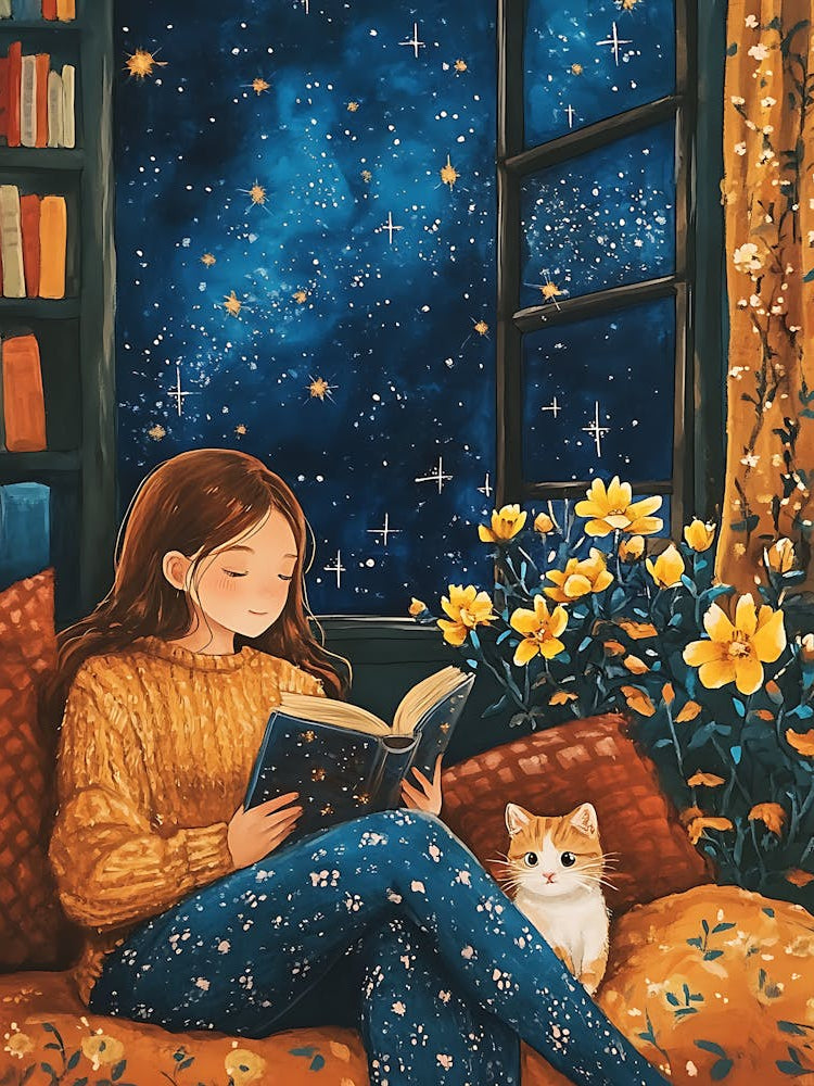 Girl Reading Book with Her Cat 10