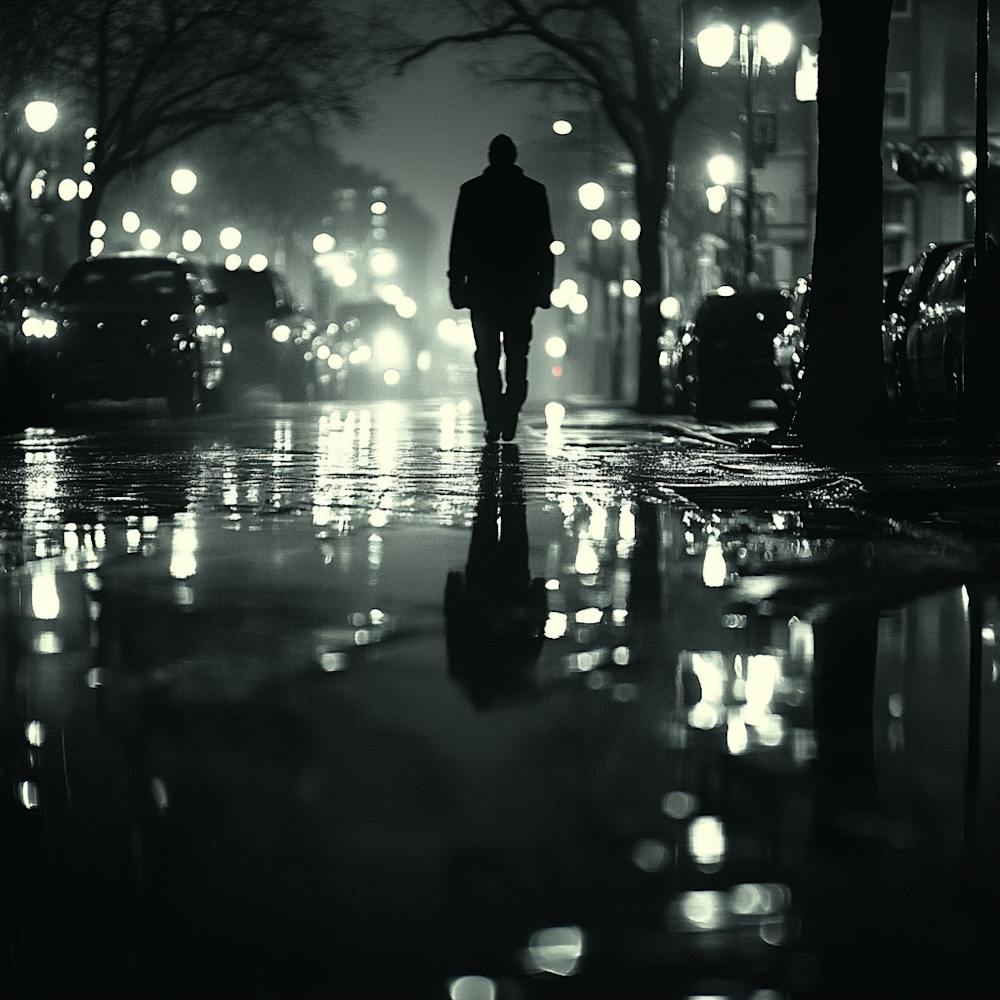 Man Walking Down The Street At Night