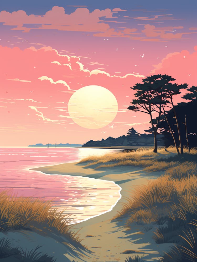 Illustration Of Hammonasset Beach Connecticut In Pink Tones 3
