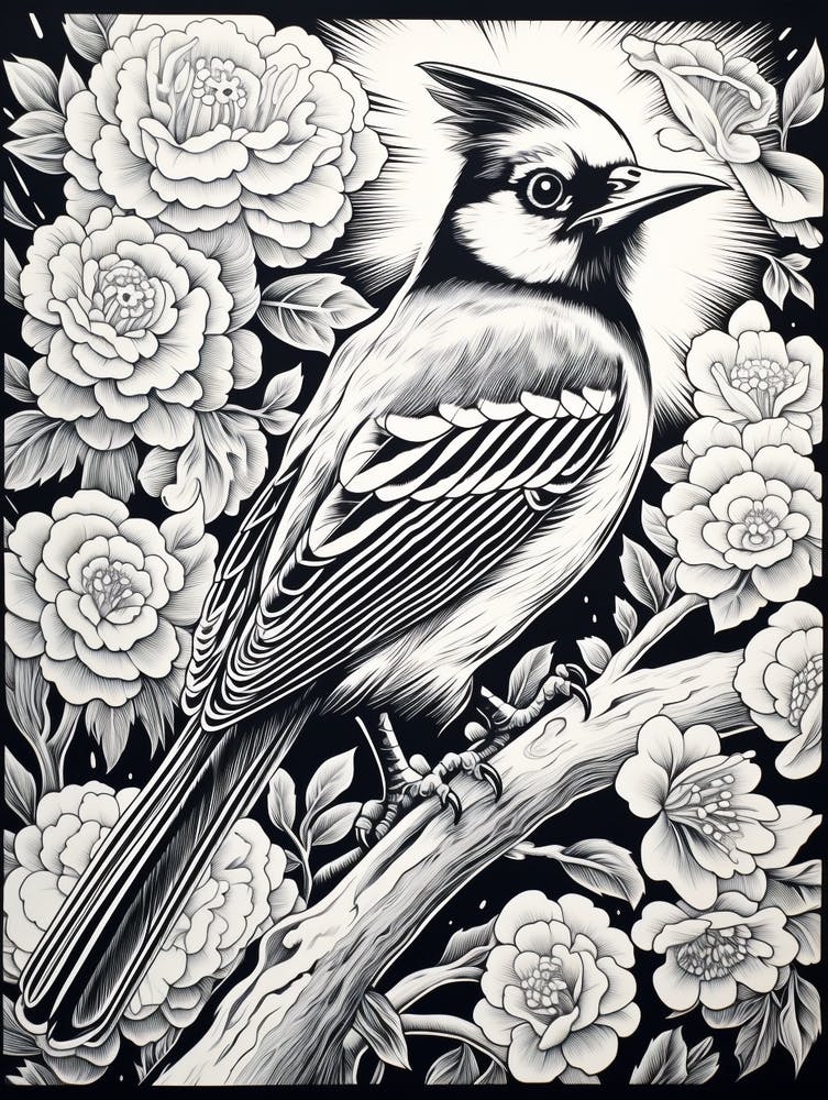 B&W Bird Linocut Blue Jay 2