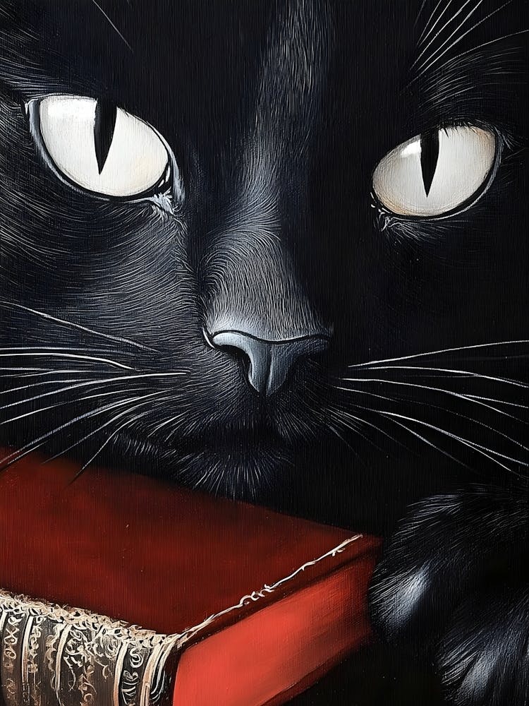 Chat noir avec un livre rouge