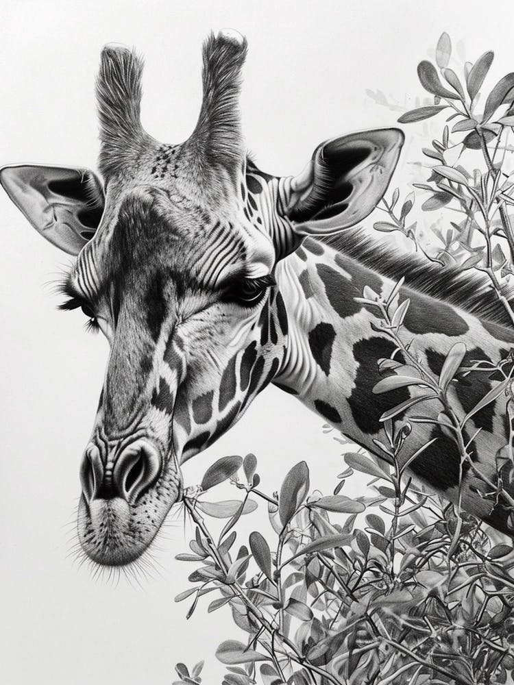 Giraffe In The Leaves Pencil Drawing 1