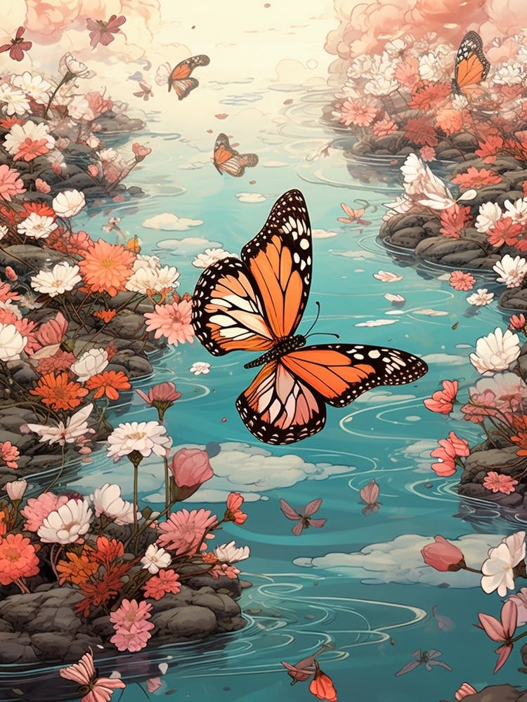 Butterflies At Sunset By The River Japanese Style Painting 1