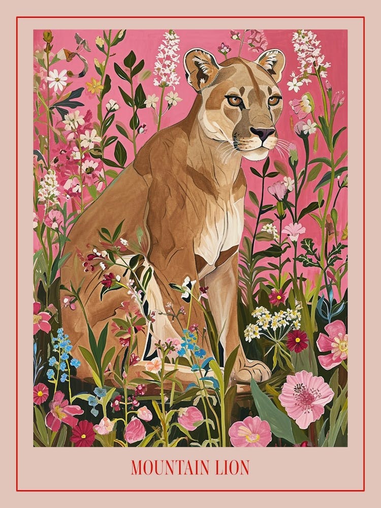 Floral Animal Painting Mountain Lion 1 Poster