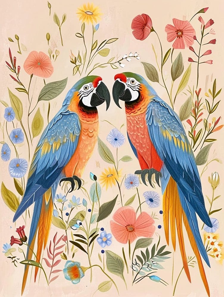 Folksy Floral Animal Drawing Macaw 4