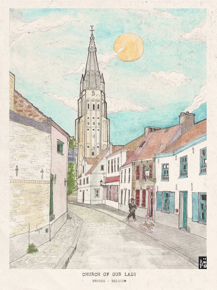 Bruges Belgium - Church of Our Lady Cityscape - Hand-Drawn Watercolor Travel Art - Belgian Wall Decor