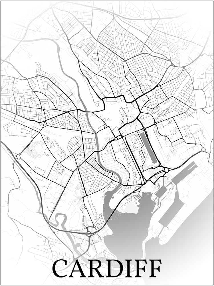 Cardiff, Wales, Uk, City Map, Black And White Fade Design