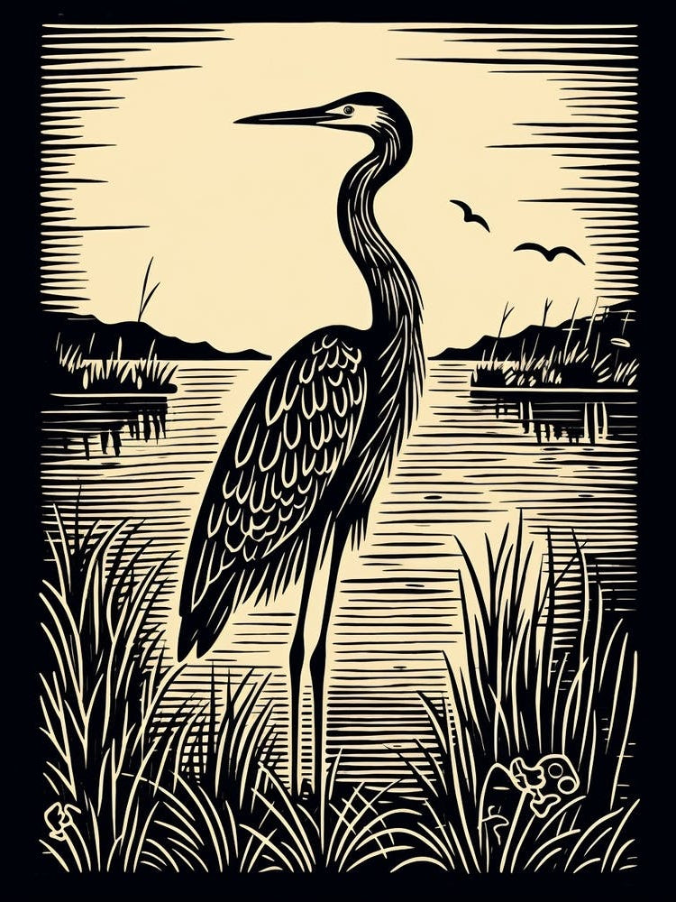 B&W Bird Linocut Great Blue Heron 4