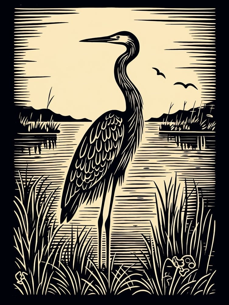 B&W Bird Linocut Great Blue Heron 4