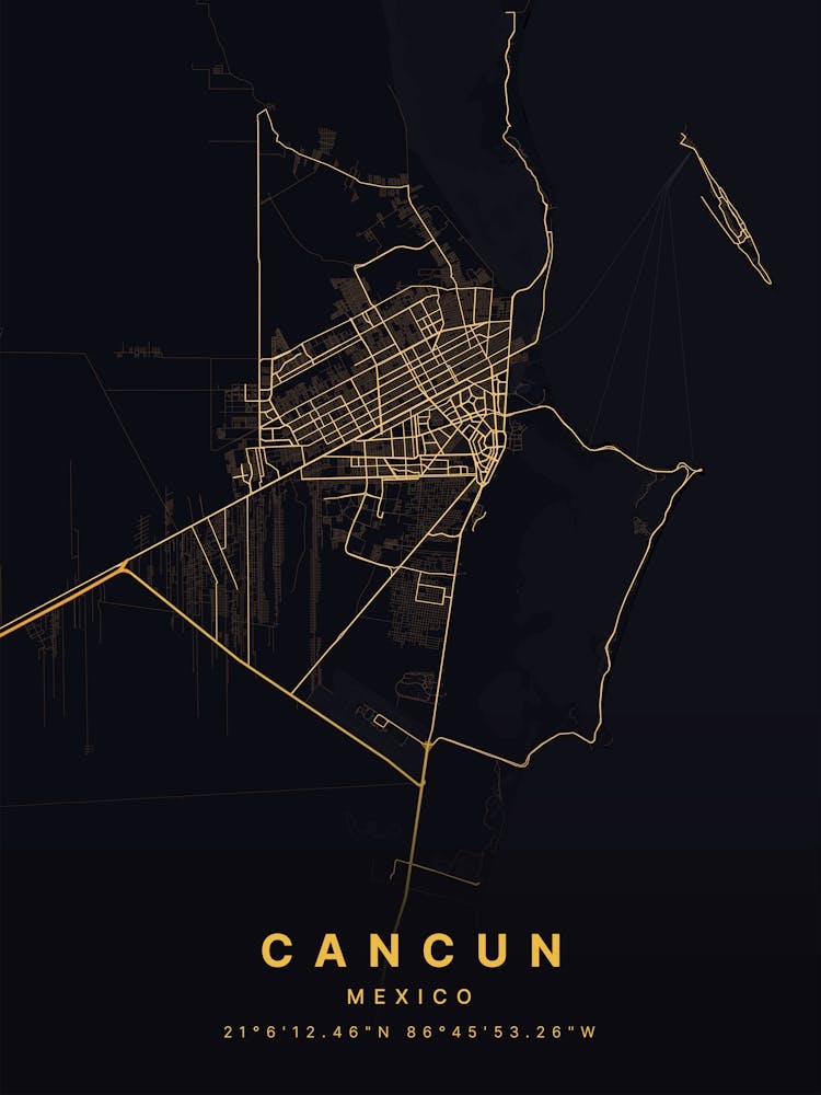 Cancun Mexico Black And Gold Map