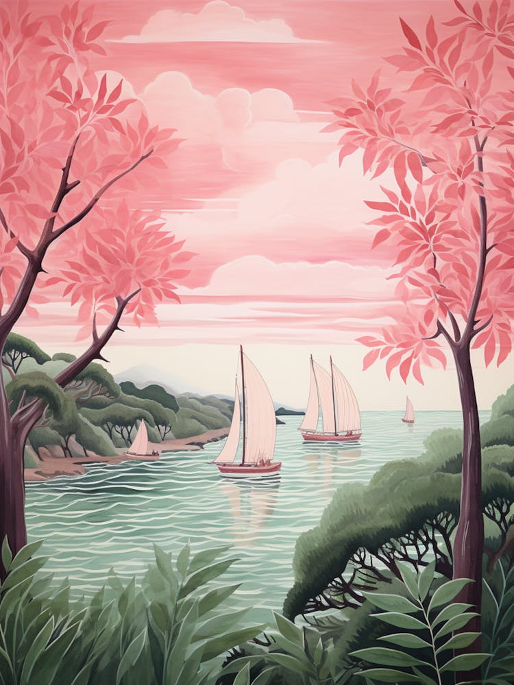 An Illustration In Pink Tones Of  Of Sailboats And Fern Vines 3