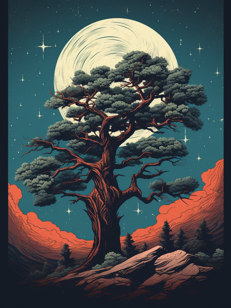 Retro Illustration Of A Joshua Tree With Starry Sky 1