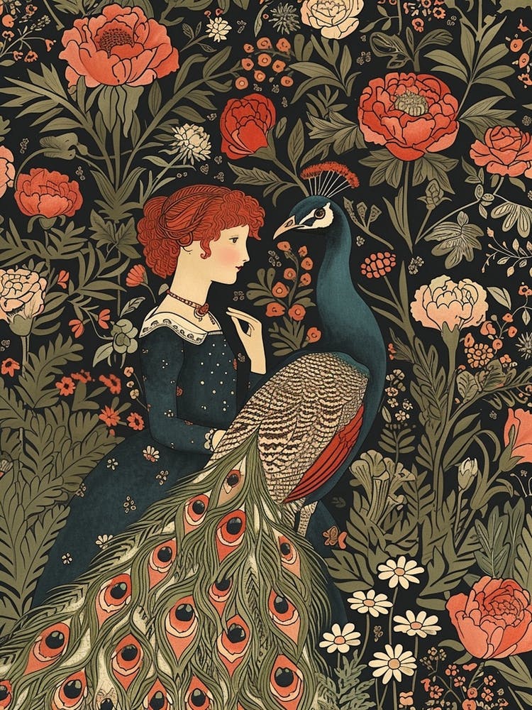 Floral Peacock With Red Haired Woman Vintage Wallpaper Inspired 2