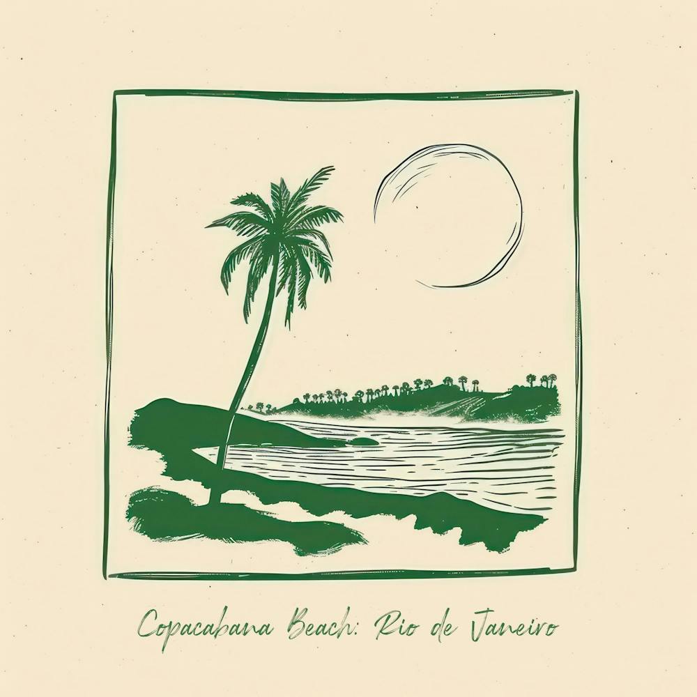 Copacabana Beach, Rio De Janeiro Green Line Art Illustration