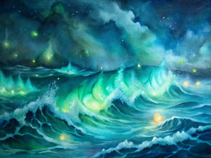 A Striking Depiction Of Ocean Waves Glowing With B