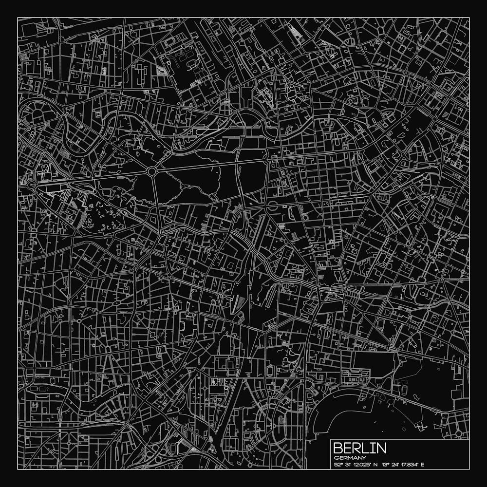 Carte de Berlin Allemagne plan de ville blanc sur noir design d'ingénierie