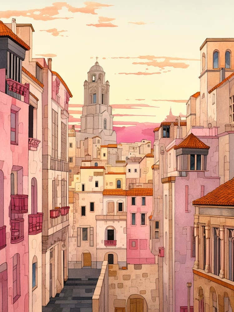 Marseille France 6 Vintage Pink Travel Illustration