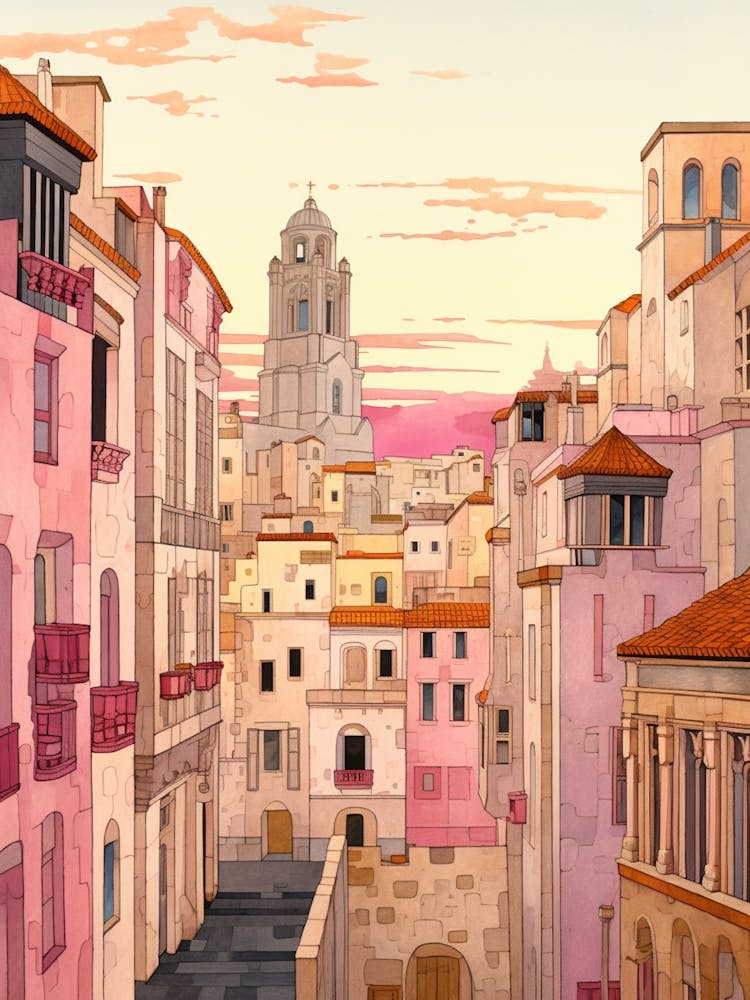 Marseille France 6 Vintage Pink Travel Illustration