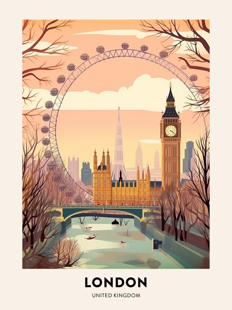 Vintage Winter Travel Poster London United Kingdom 6