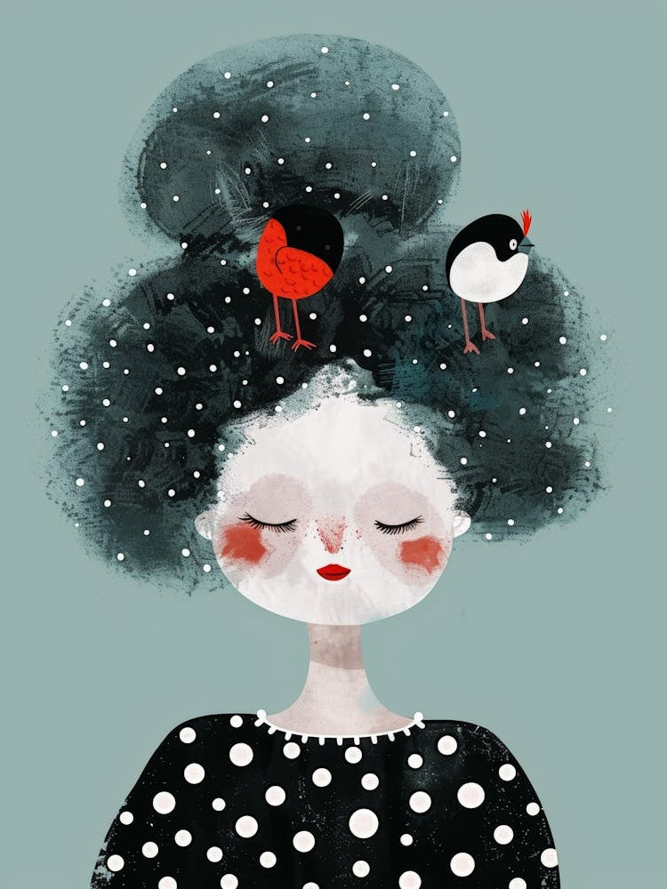 Little Girl With Birds On Her Head