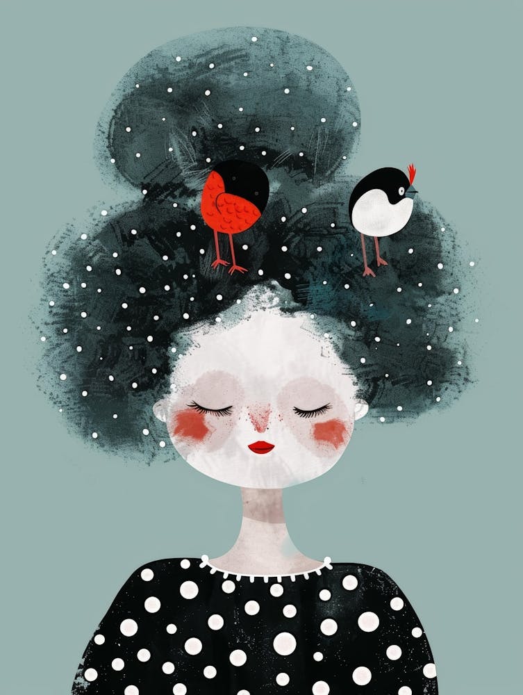 Little Girl With Birds On Her Head