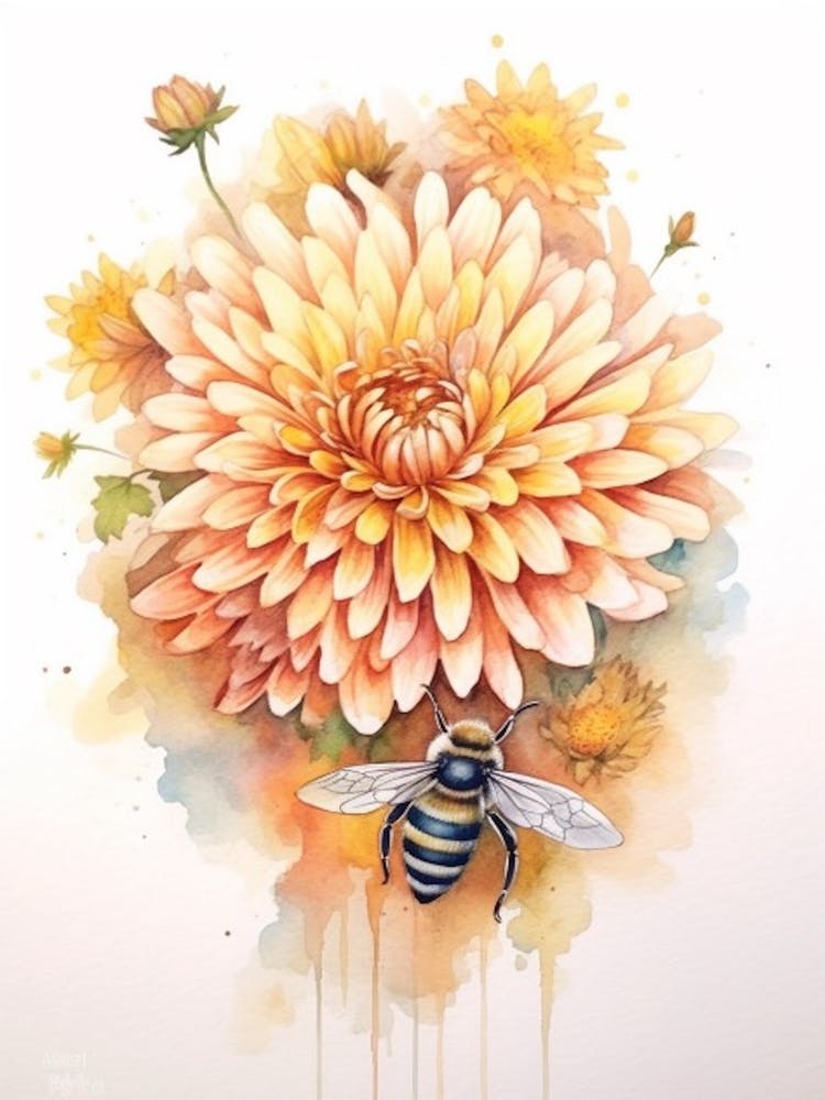 Beehive With Chrysanthemums Watercolour Illustration 1