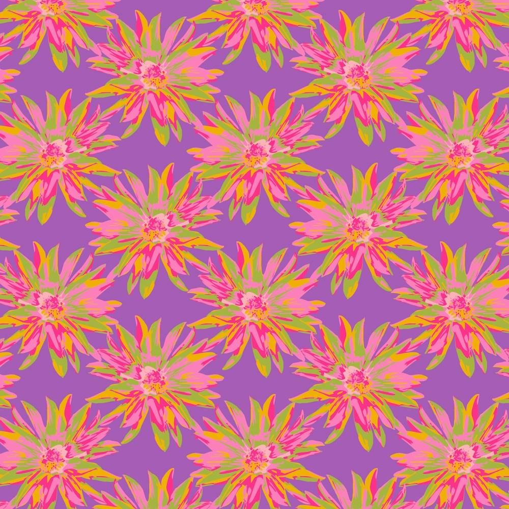DAHLIA BURSTS Multi Abstract Blooming Floral Summer Bright Flowers in Fuchsia Pink Yellow Lime Green on Violet Purple
