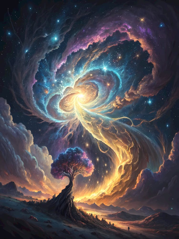 Oil Painting Style Surreal Cosmic Explosion with Tree Fantasy