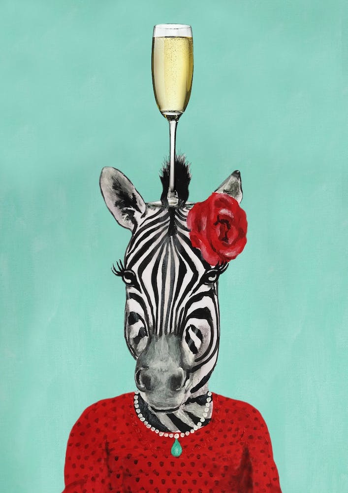 Zebra With Champagne Glass Green & Red