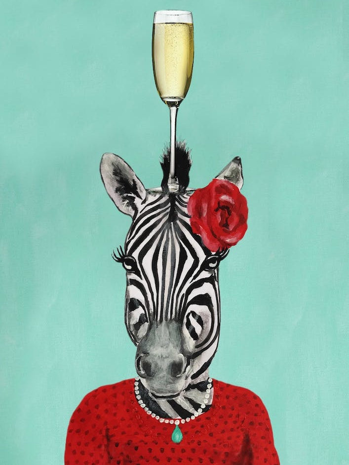 Zebra With Champagne Glass Green & Red