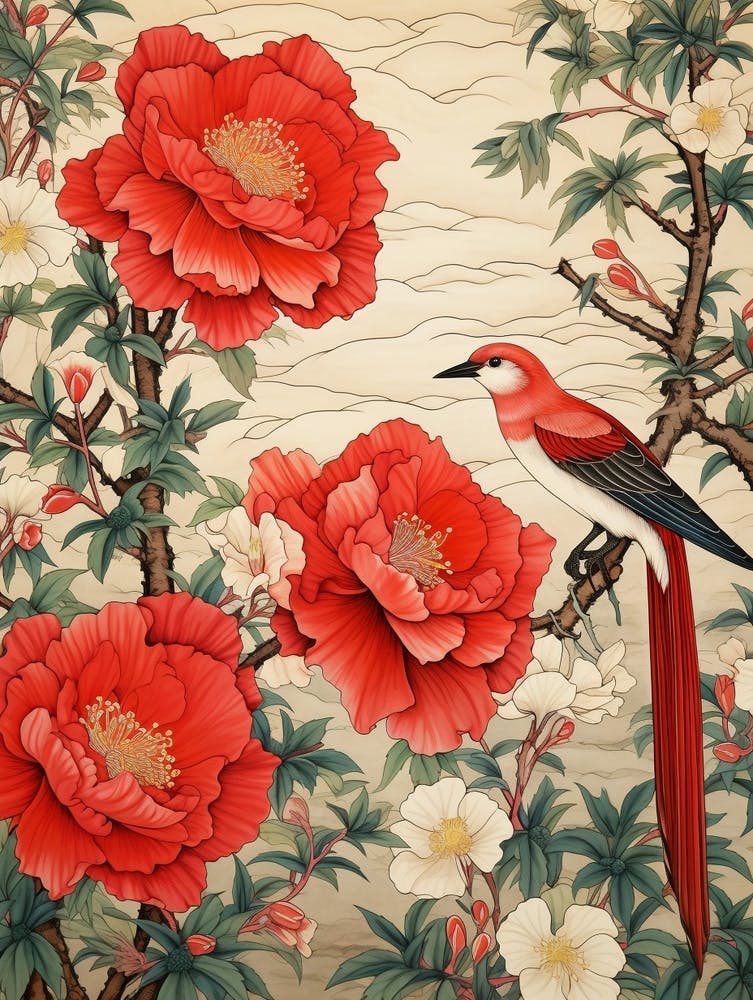 Red Camellia And Bird Vintage Japanese Botanical