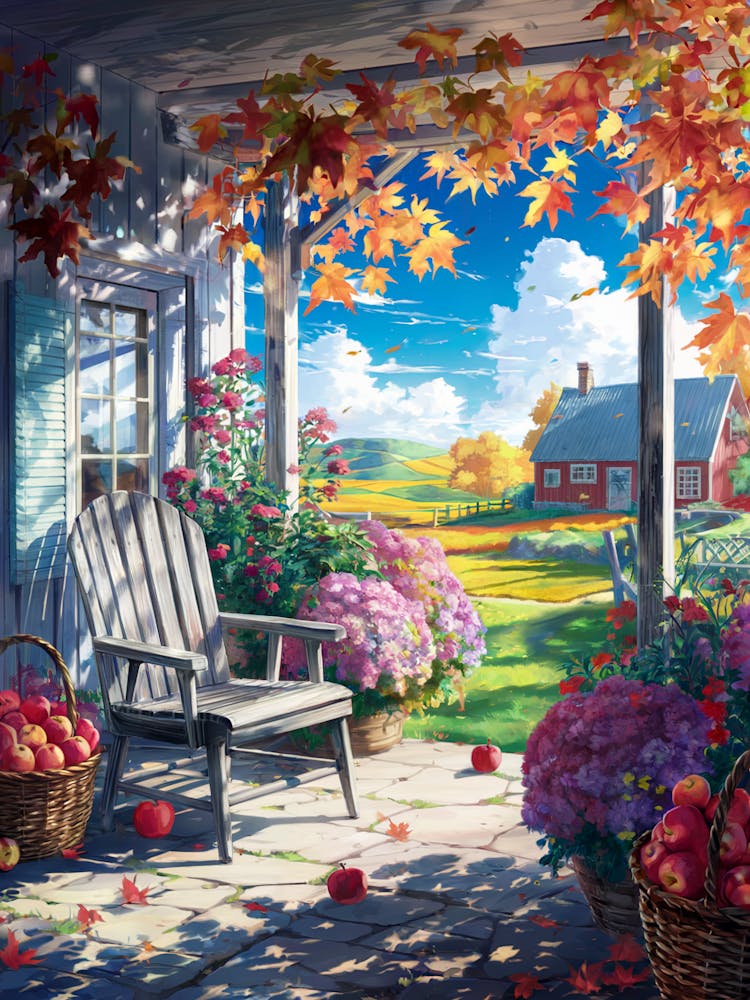 Anime Canvas Art: Rustic Autumn Porch with Apples, Vibrant Flowers, and Rolling Fields, Perfect for Lofi Aesthetic and Cozy Nature Art Lovers.