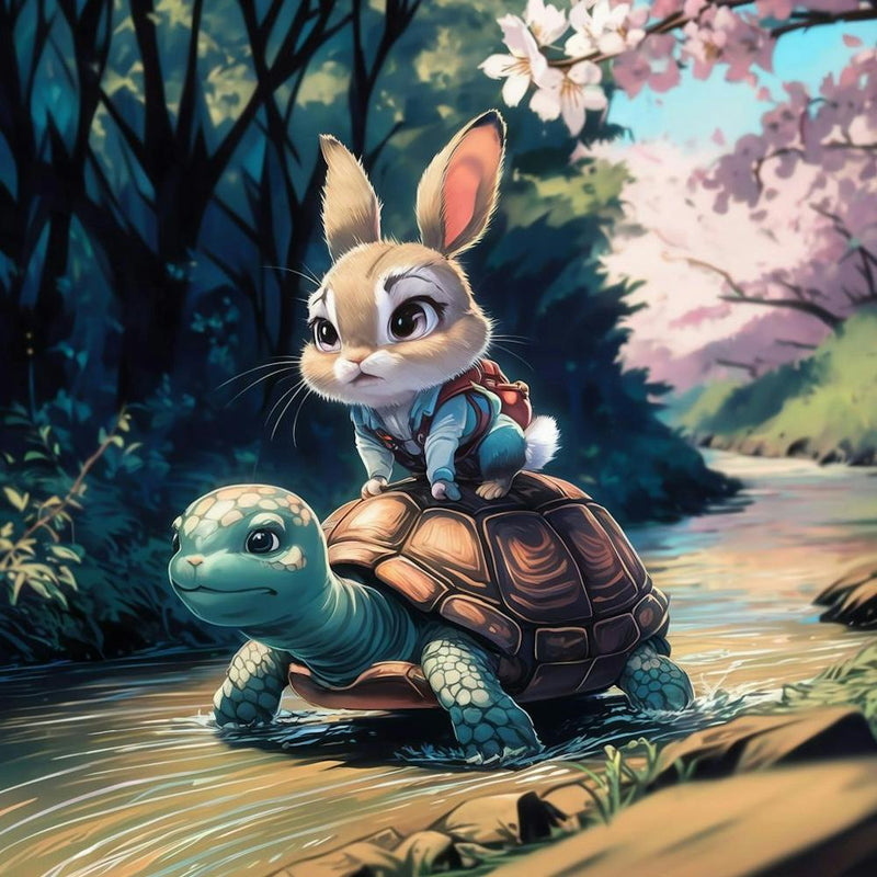 Hase Auf Einer Schildkröte lustige Kunst