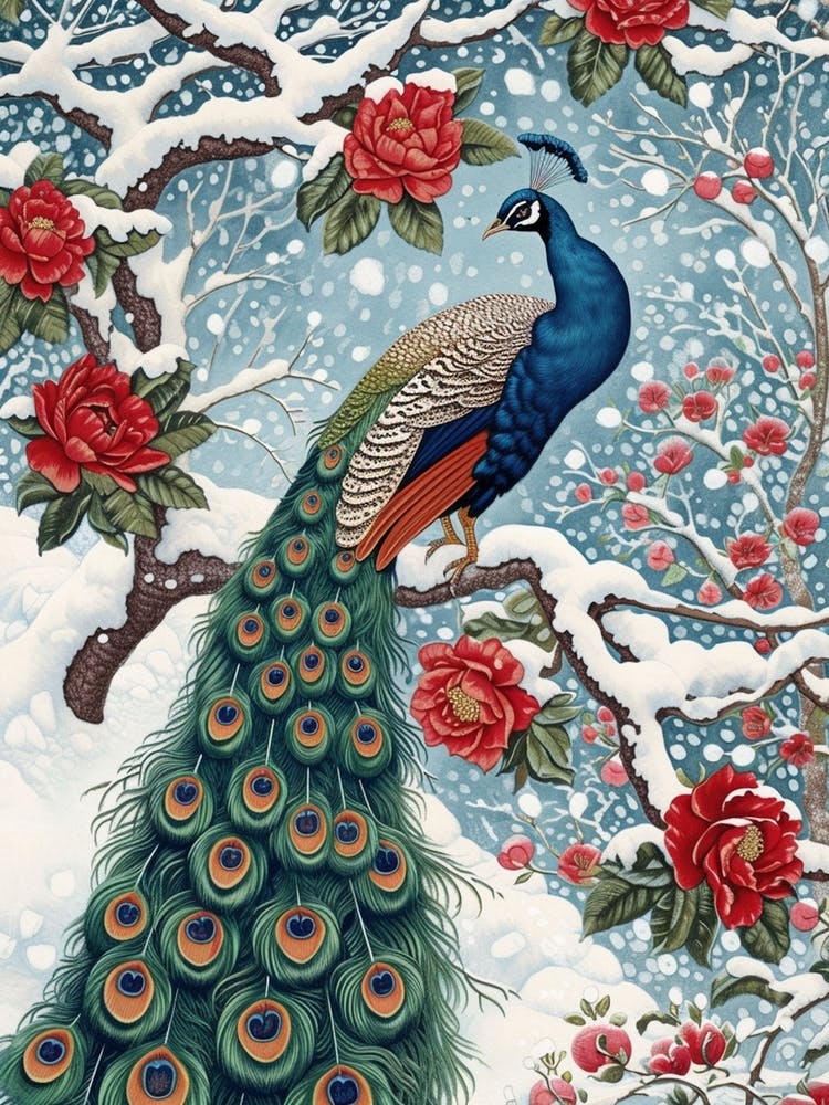 Peacock Snow Scene Vintage 2