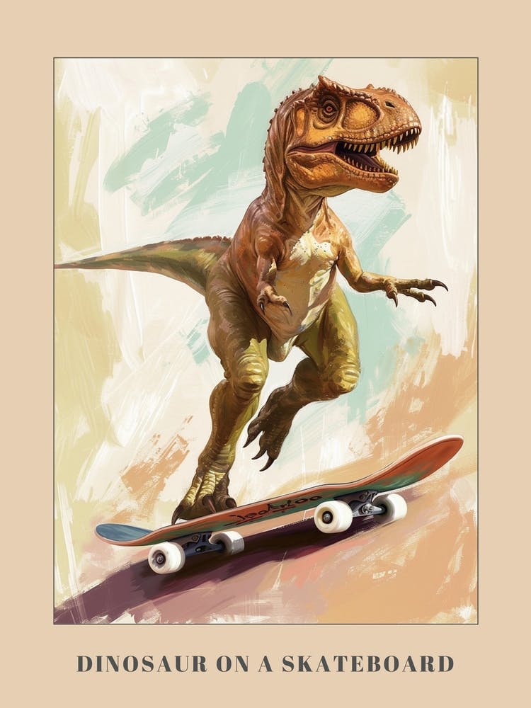 Mustard Tones Dinosaur On A Skateboard 2 Poster