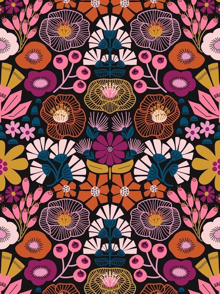 Modern Botanical Folk Art Damask Pink, Magenta, Blue, Gold, Orange