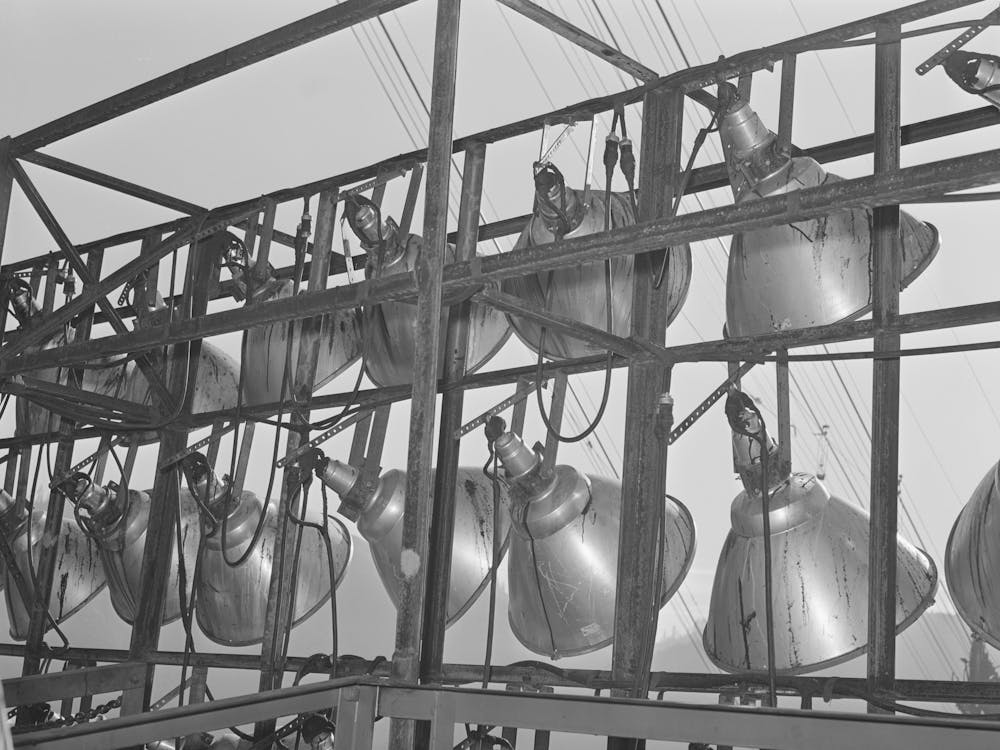 Battery Of Lights For Night Work At Shasta Dam, Shasta County, California By Russell Lee